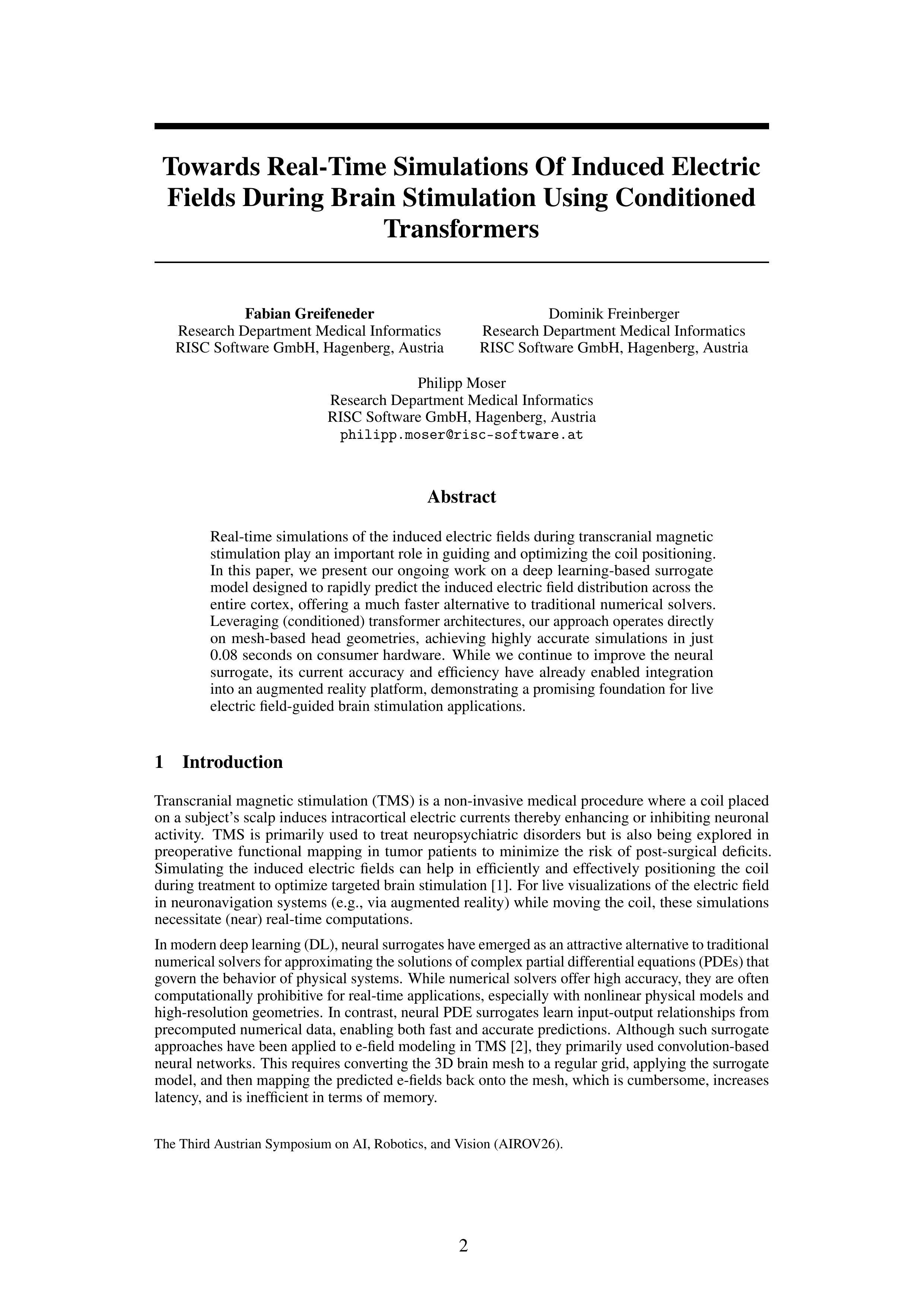 Towards Real-Time Simulations Of Induced Electric Fields During Brain Stimulation Using Conditioned Transformers