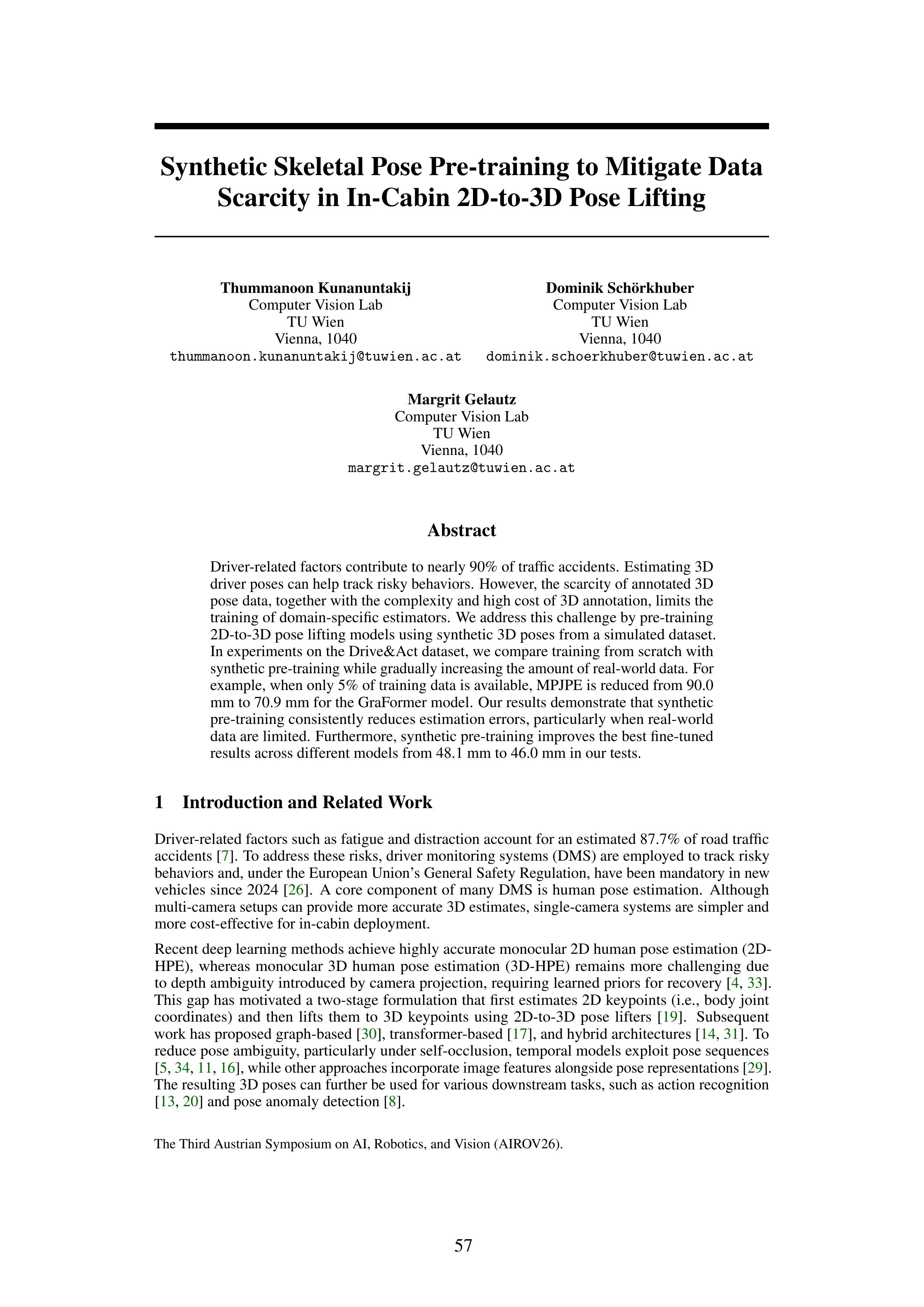Synthetic Skeletal Pose Pre-training to Mitigate Data Scarcity in In-Cabin 2D-to-3D Pose Lifting