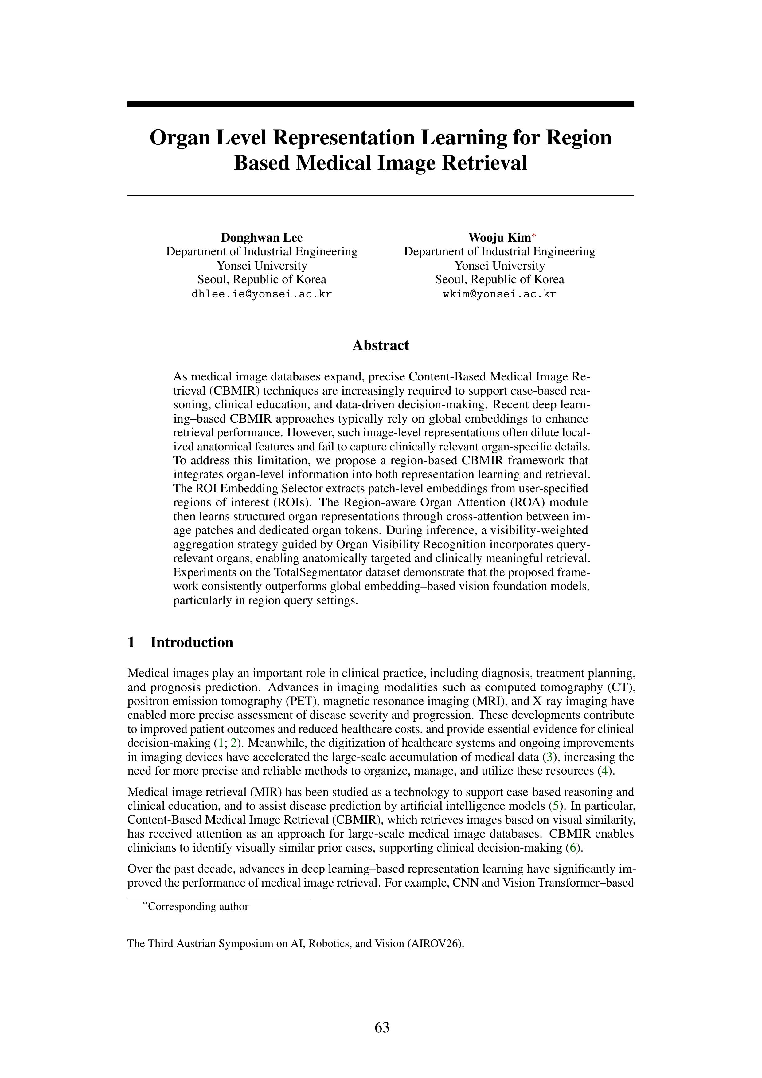 Organ Level Representation Learning for Region Based Medical Image Retrieval