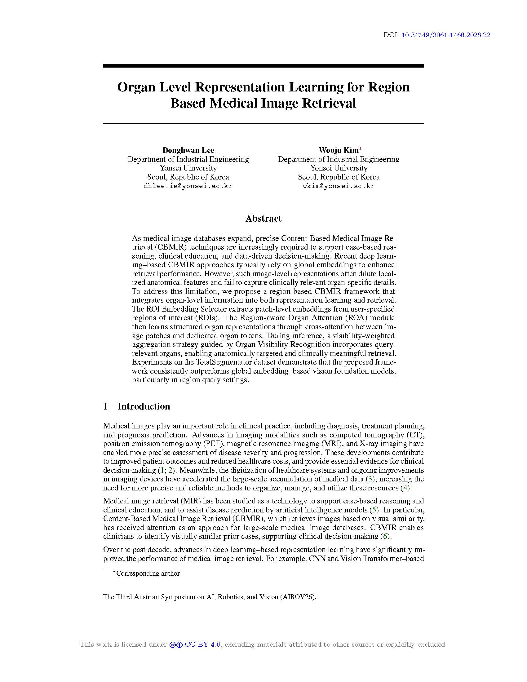 Organ Level Representation Learning for Region Based Medical Image Retrieval