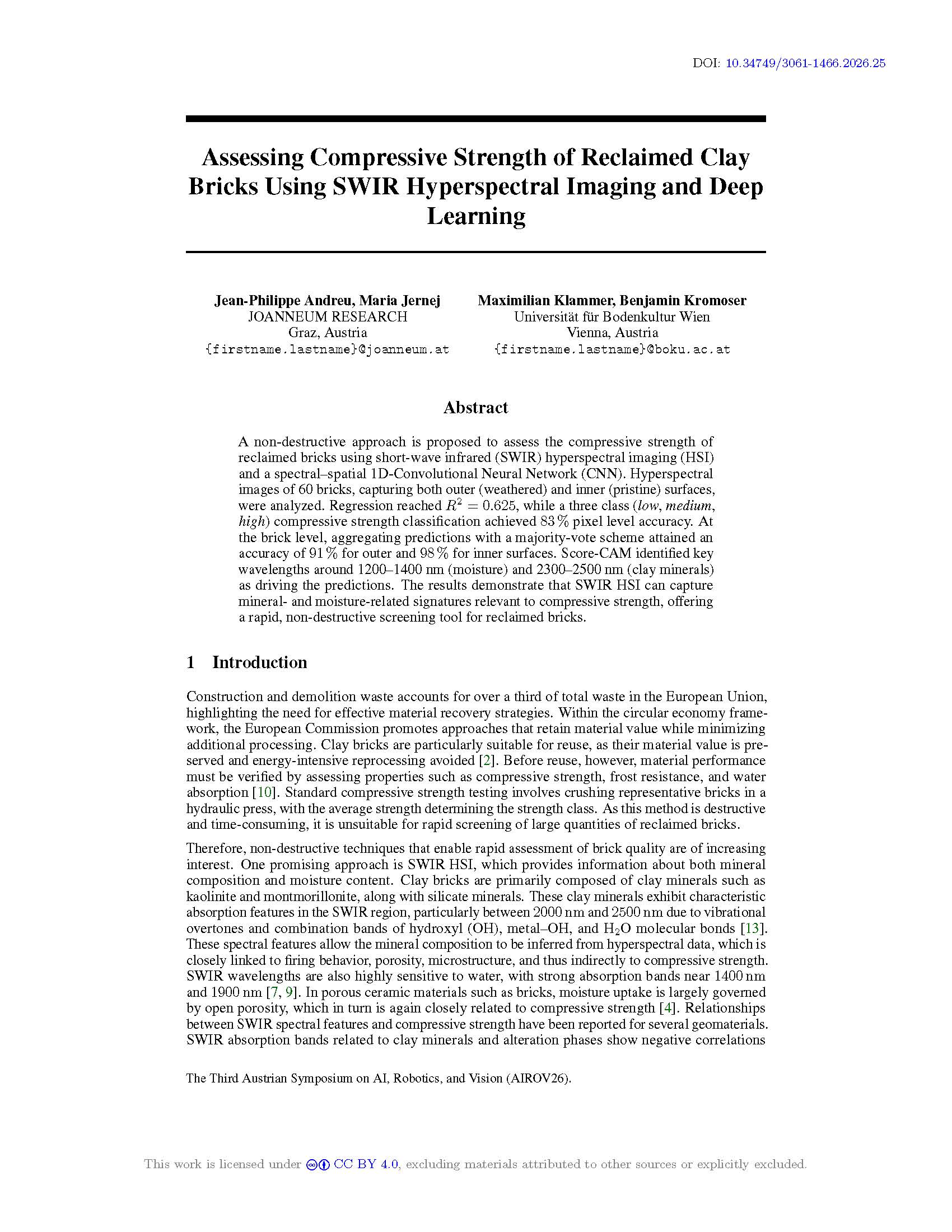Assessing Compressive Strength of Reclaimed Clay Bricks Using SWIR Hyperspectral Imaging and Deep Learning