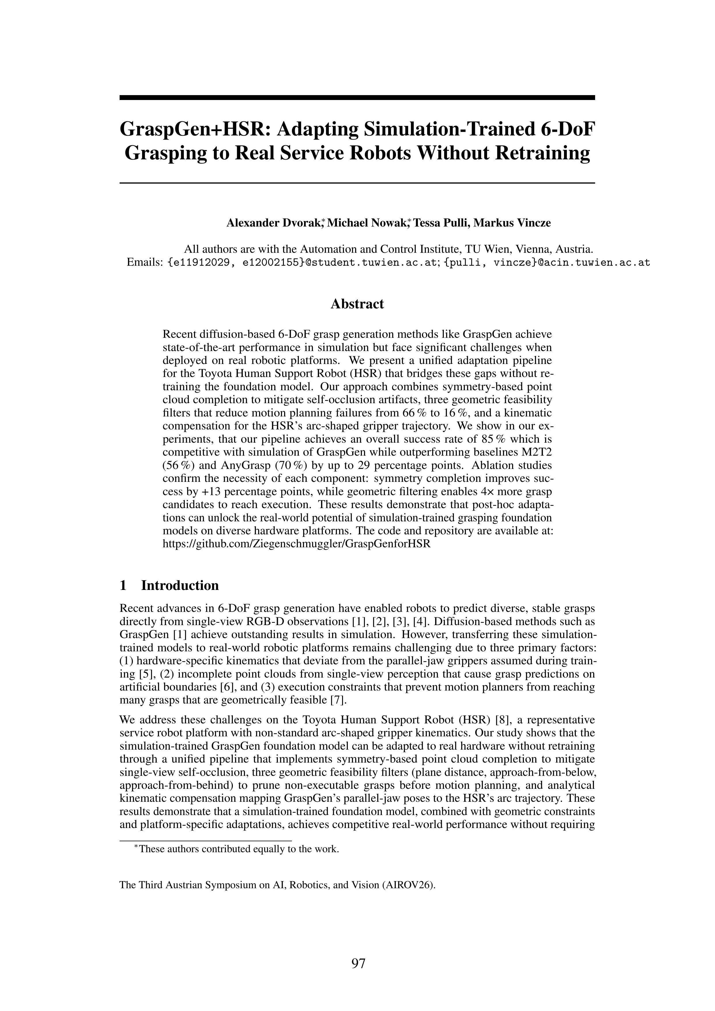 GraspGen+HSR: Adapting Simulation-Trained 6-DoF Grasping to Real Service Robots Without Retraining