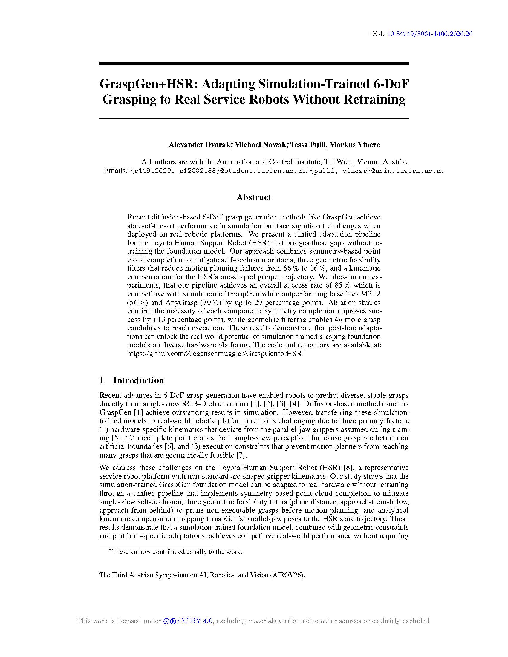 GraspGen+HSR: Adapting Simulation-Trained 6-DoF Grasping to Real Service Robots Without Retraining