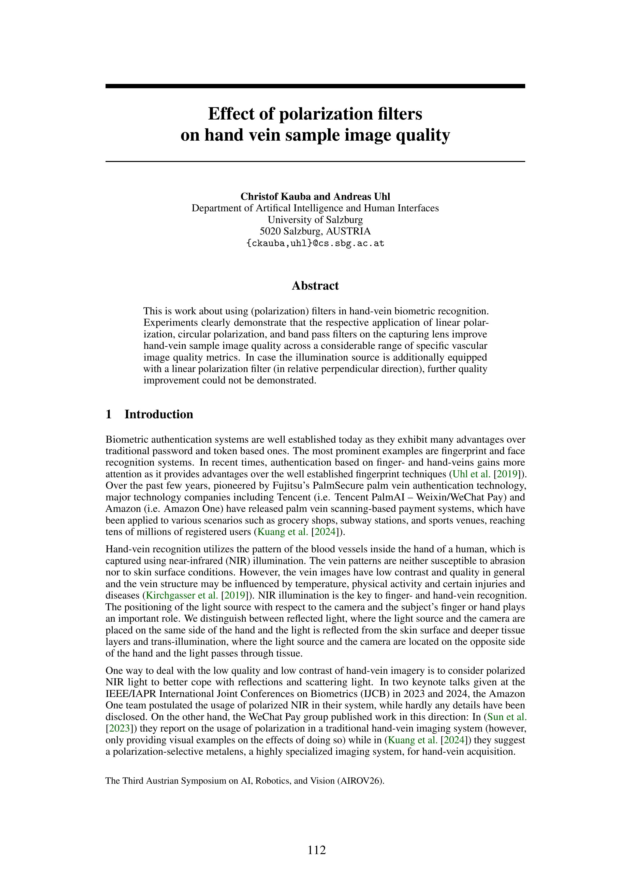 Effect of polarization filters on hand vein sample image quality