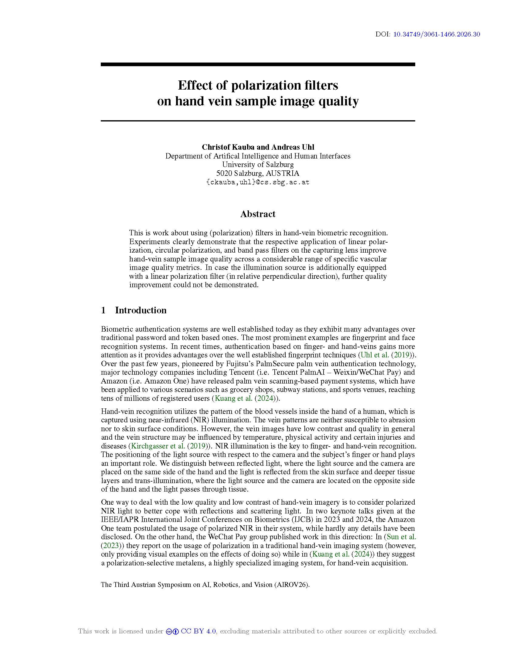 Effect of polarization filters on hand vein sample image quality