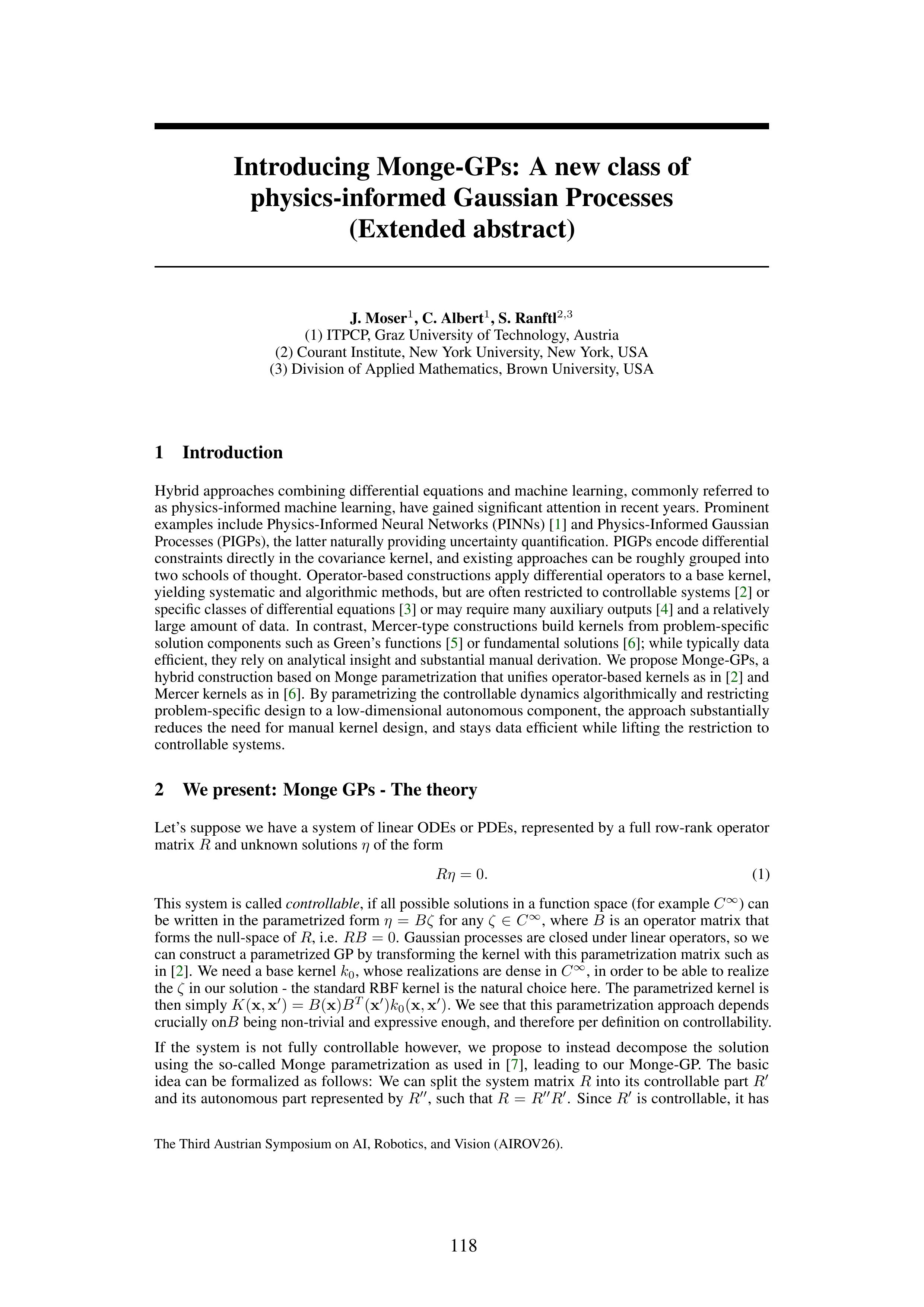 Introducing Monge-GPs: A new class of physics-informed Gaussian Processes (extended abstract)