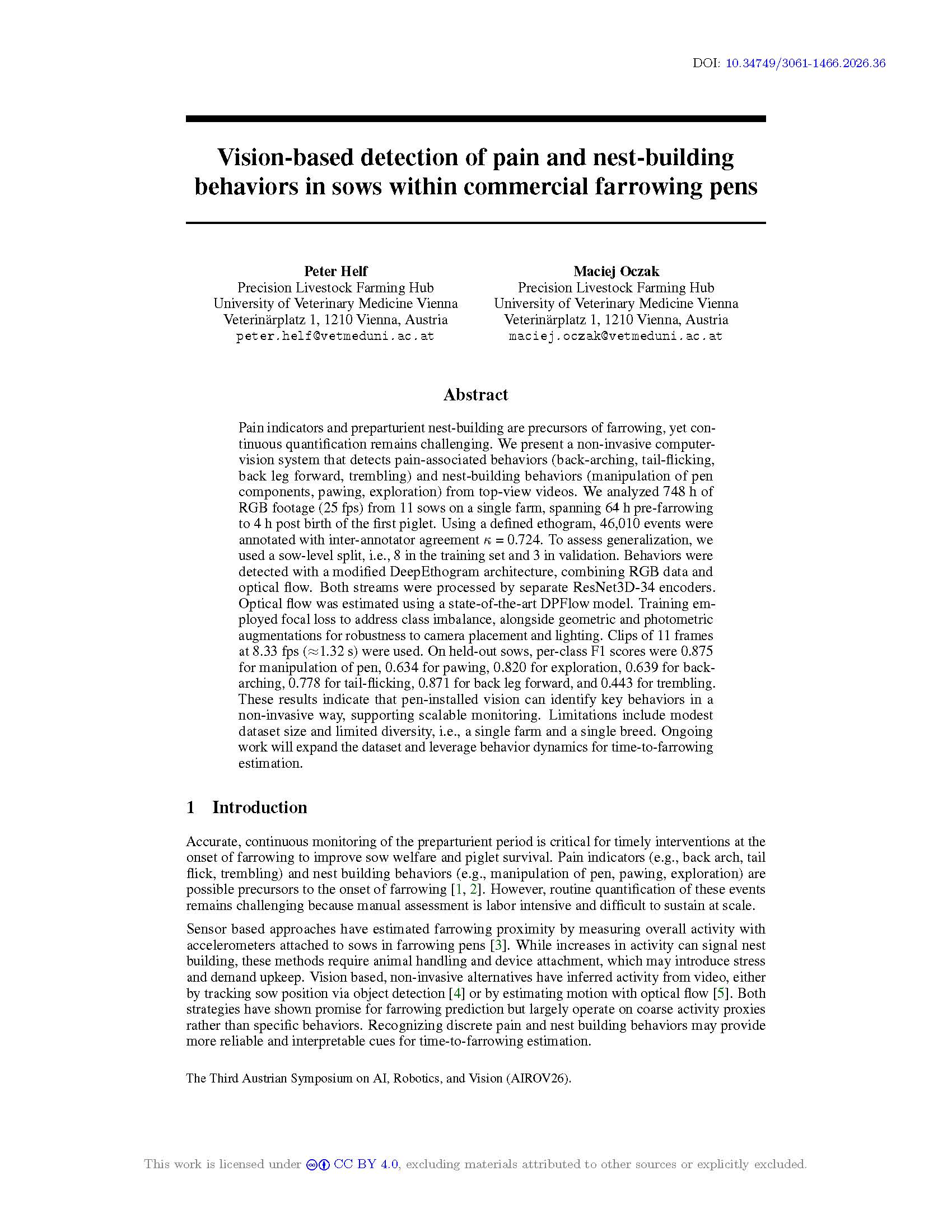 Visions-based detection of pain and nest-building behaviors in sows within commercial farrowing pens