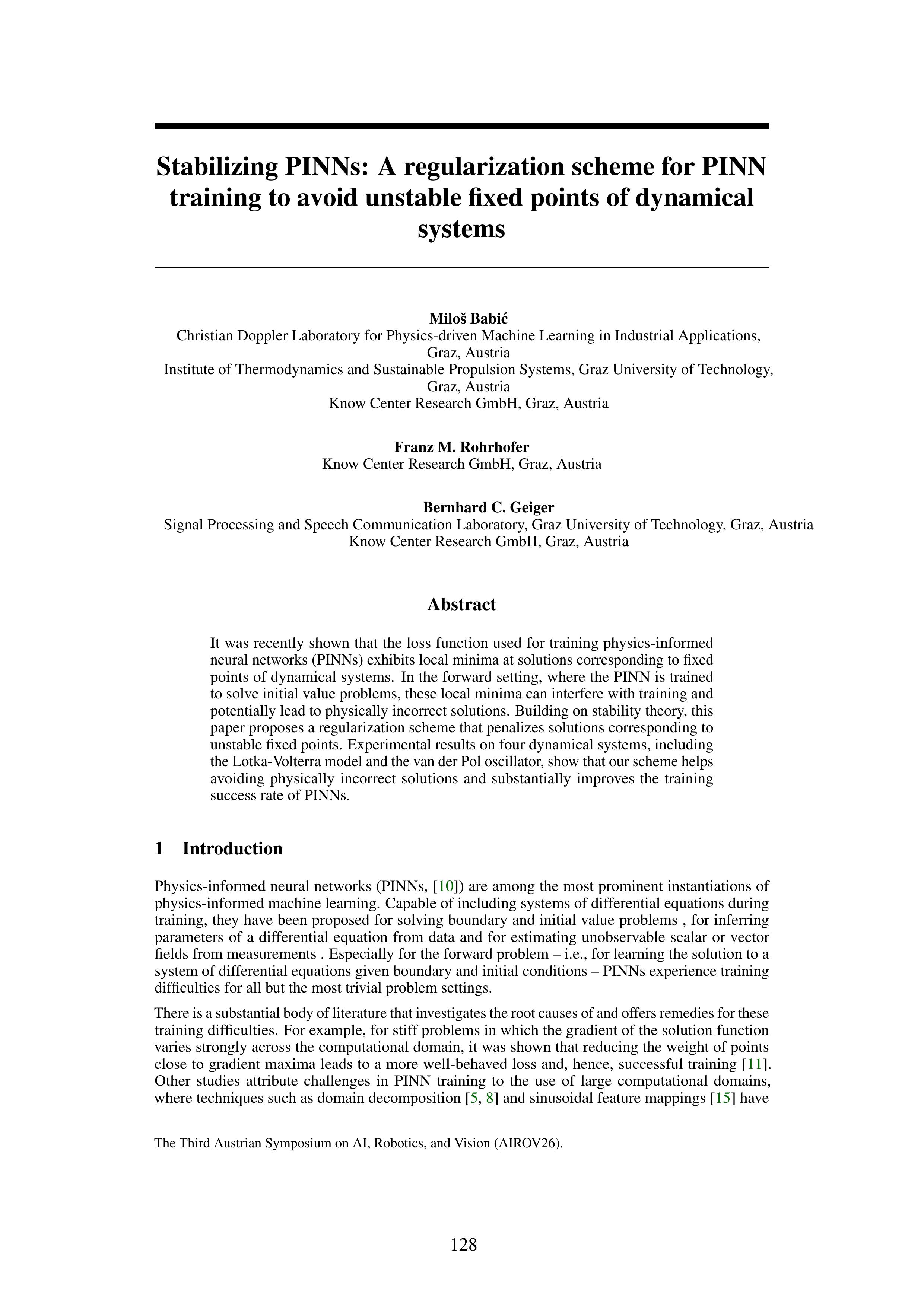 Stabilizing PINNs: A regularization scheme for PINN training to avoid unstable fixed points of dynamical systems