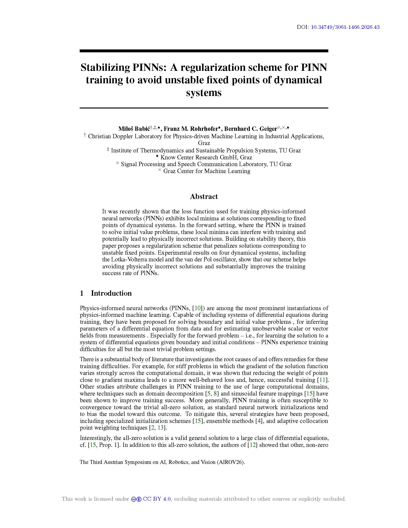 Stabilizing PINNs: A regularization scheme for PINN training to avoid unstable fixed points of dynamical systems