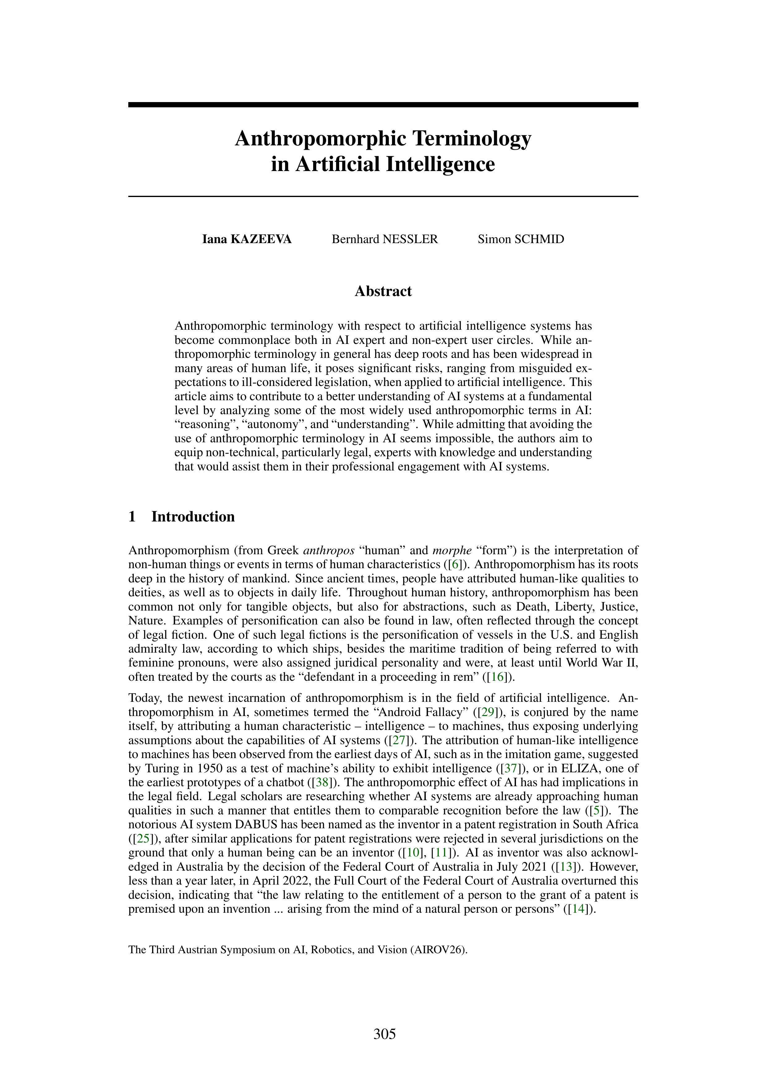 Anthropomorphic Terminology in Artificial Intelligence