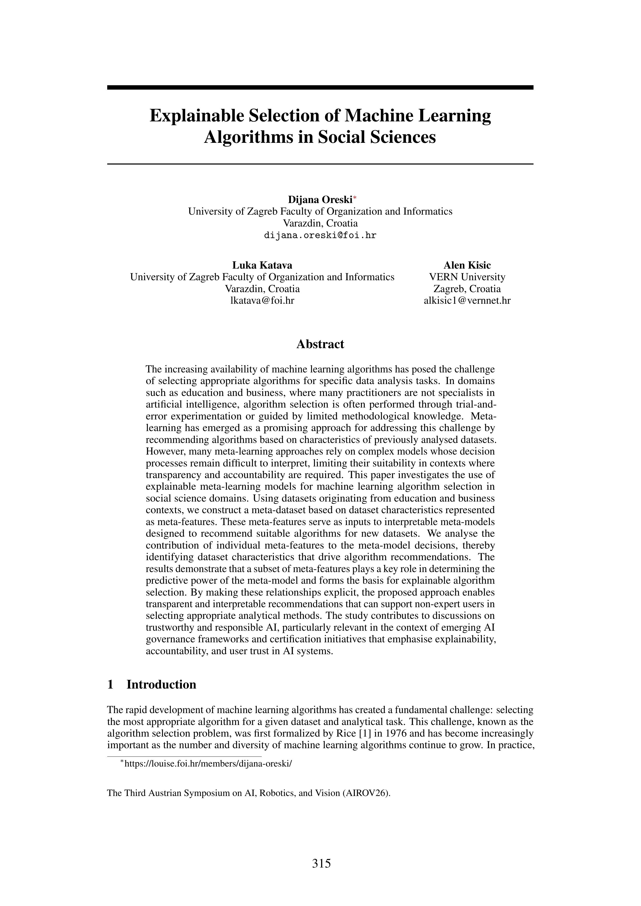 Explainable Selection of Machine Learning Algorithms in Social Sciences