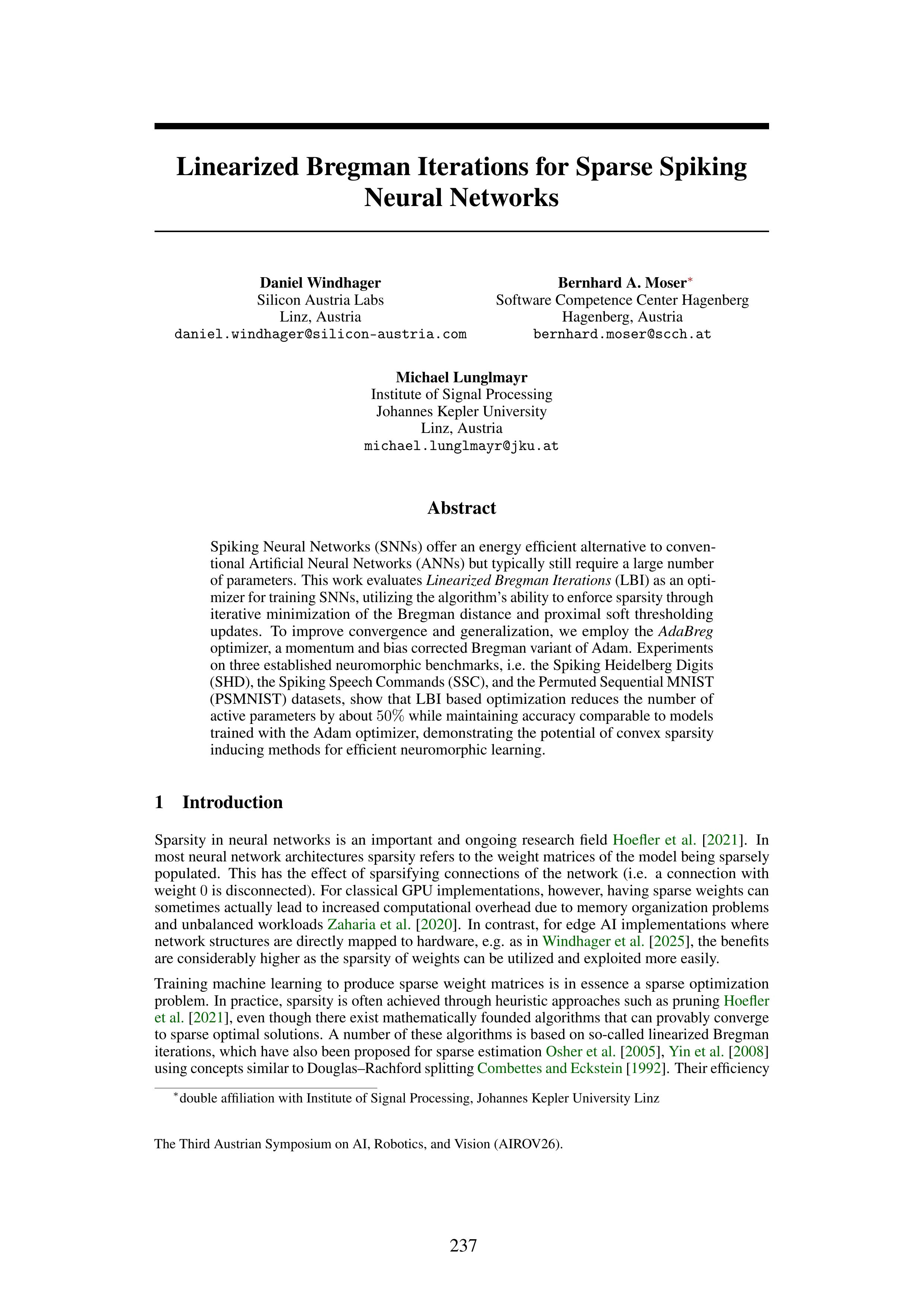 Linearized Bregman Iterations for Sparse Spiking Neural Networks