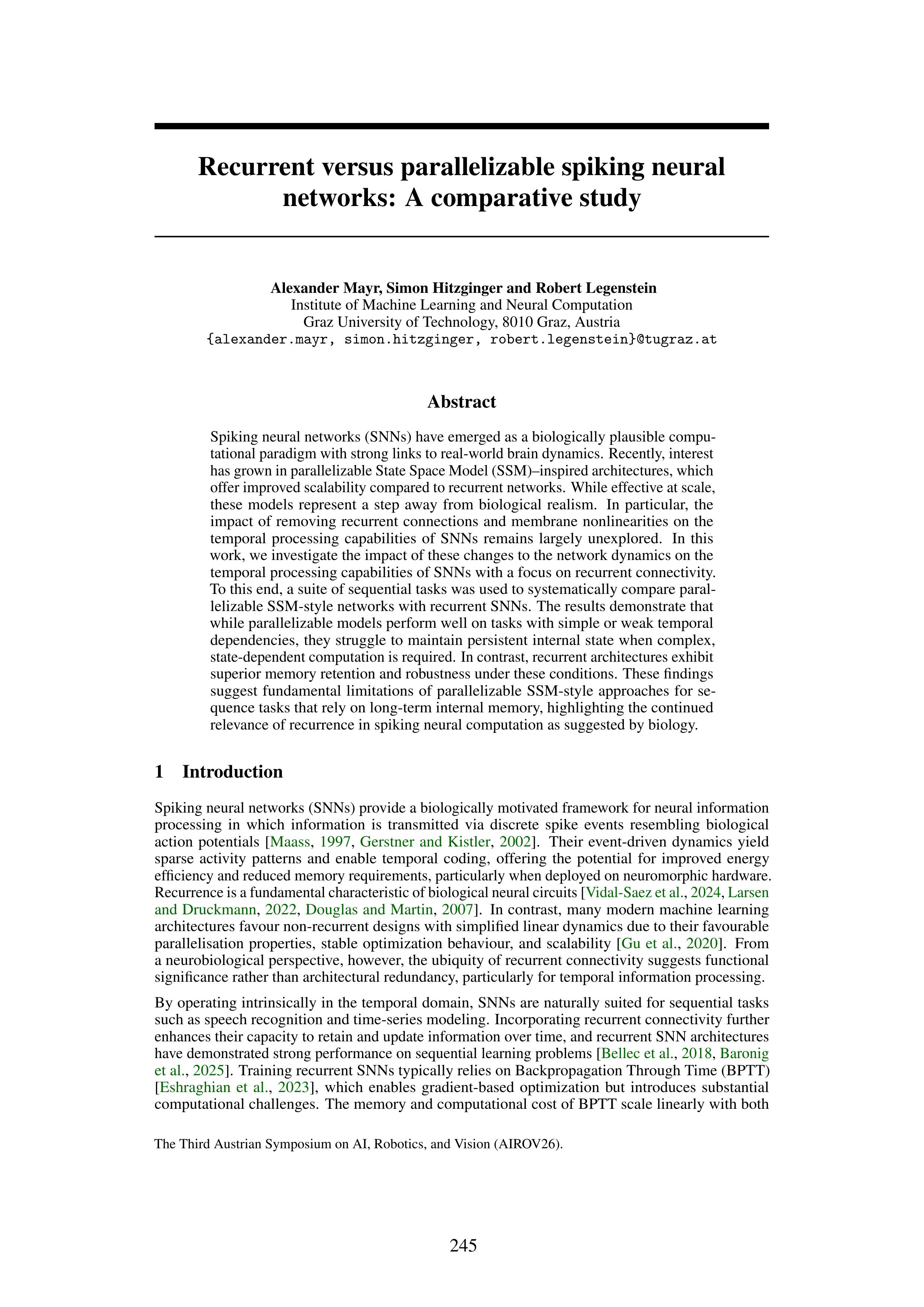 Recurrent versus parallelizable spiking neural networks: A comparative study
