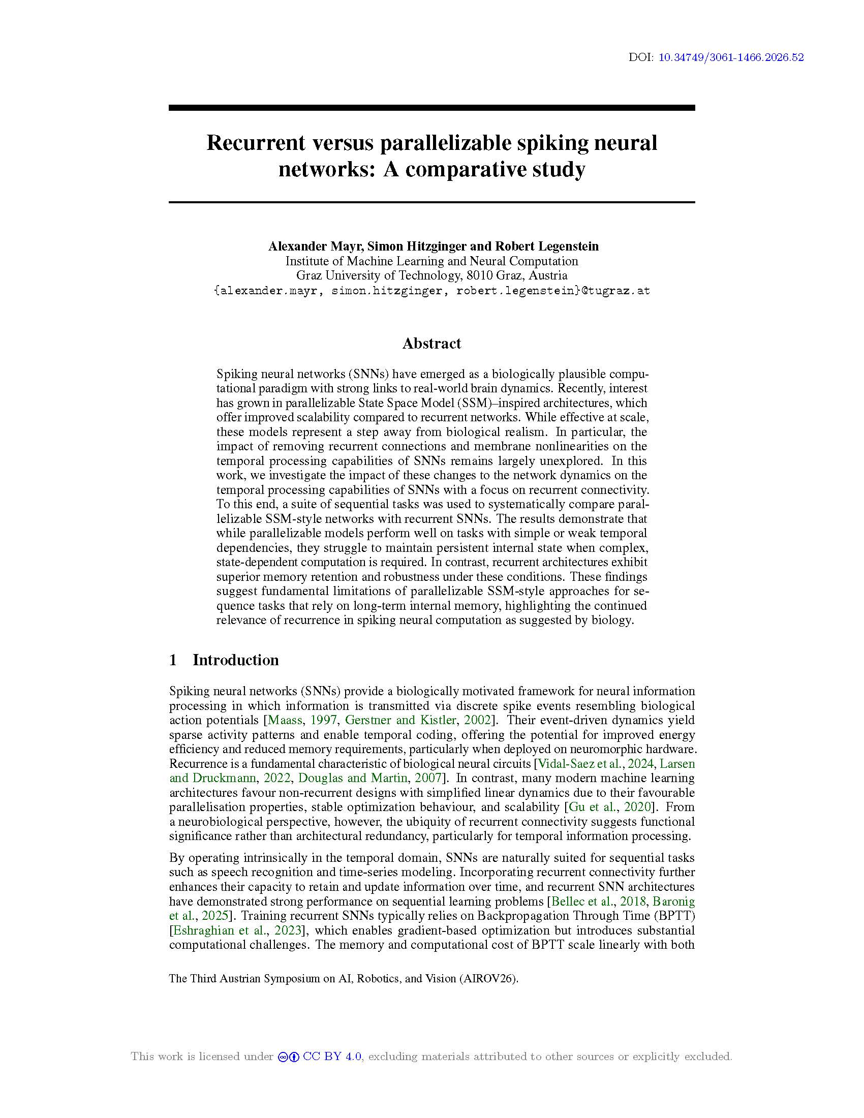 Recurrent versus parallelizable spiking neural networks: A comparative study