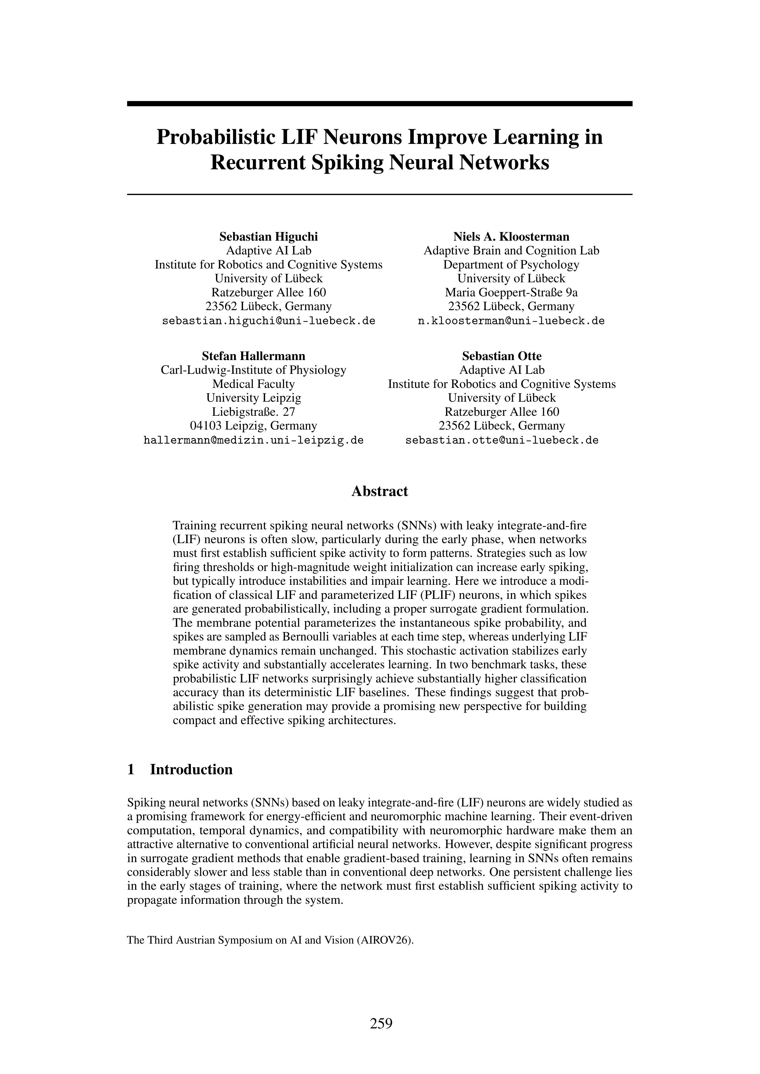 Probabilistic LIF Neurons Improve Learning in Recurrent Spiking Neural Networks