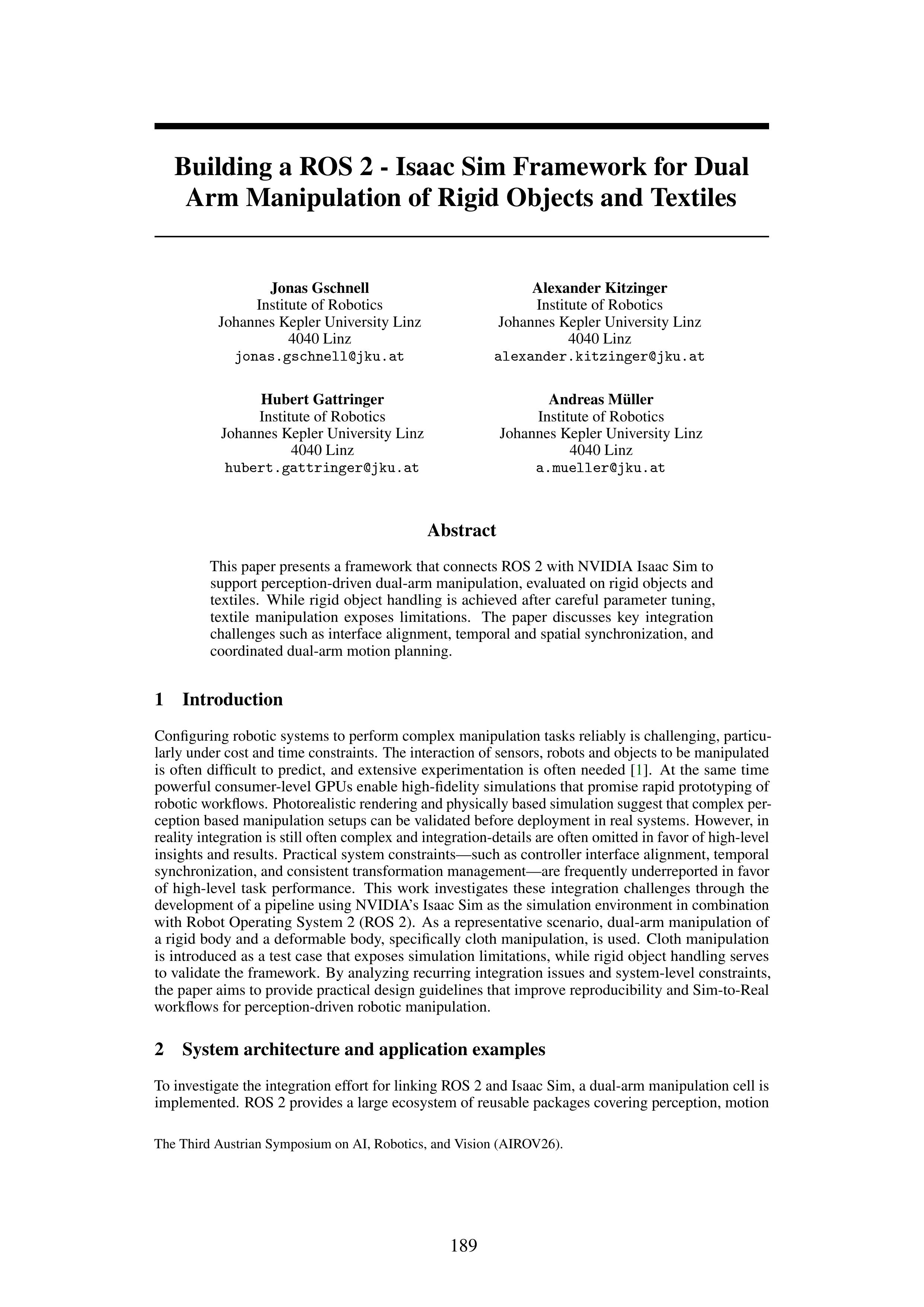 Building a ROS 2 - Isaac Sim Framework for Dual Arm Manipulation of Rigid Objects and Textiles