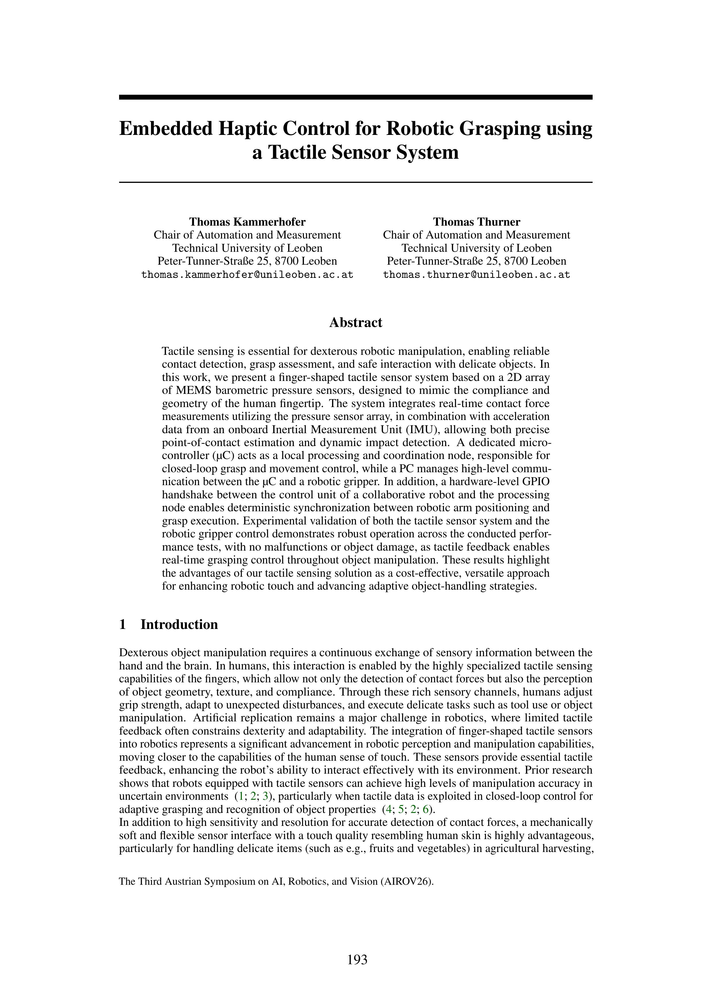 Embedded Haptic Control for Robotic Grasping using a Tactile Sensor System