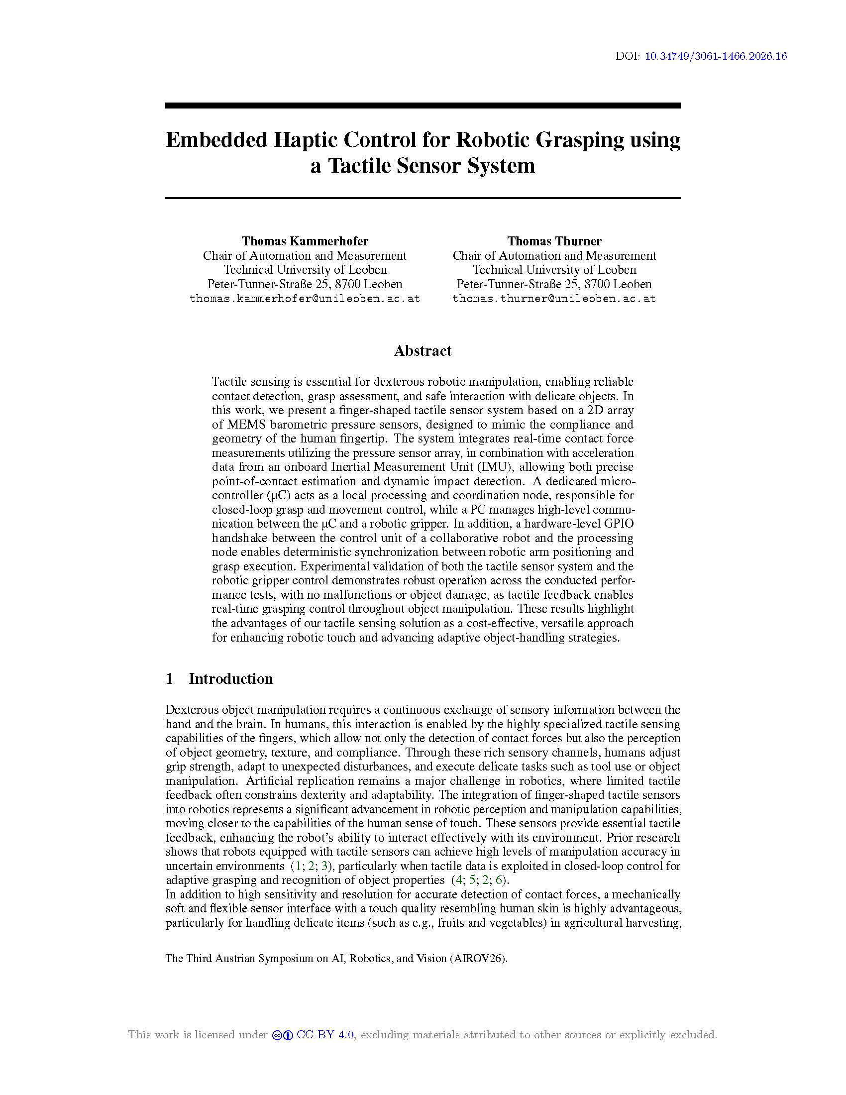 Embedded Haptic Control for Robotic Grasping using a Tactile Sensor System