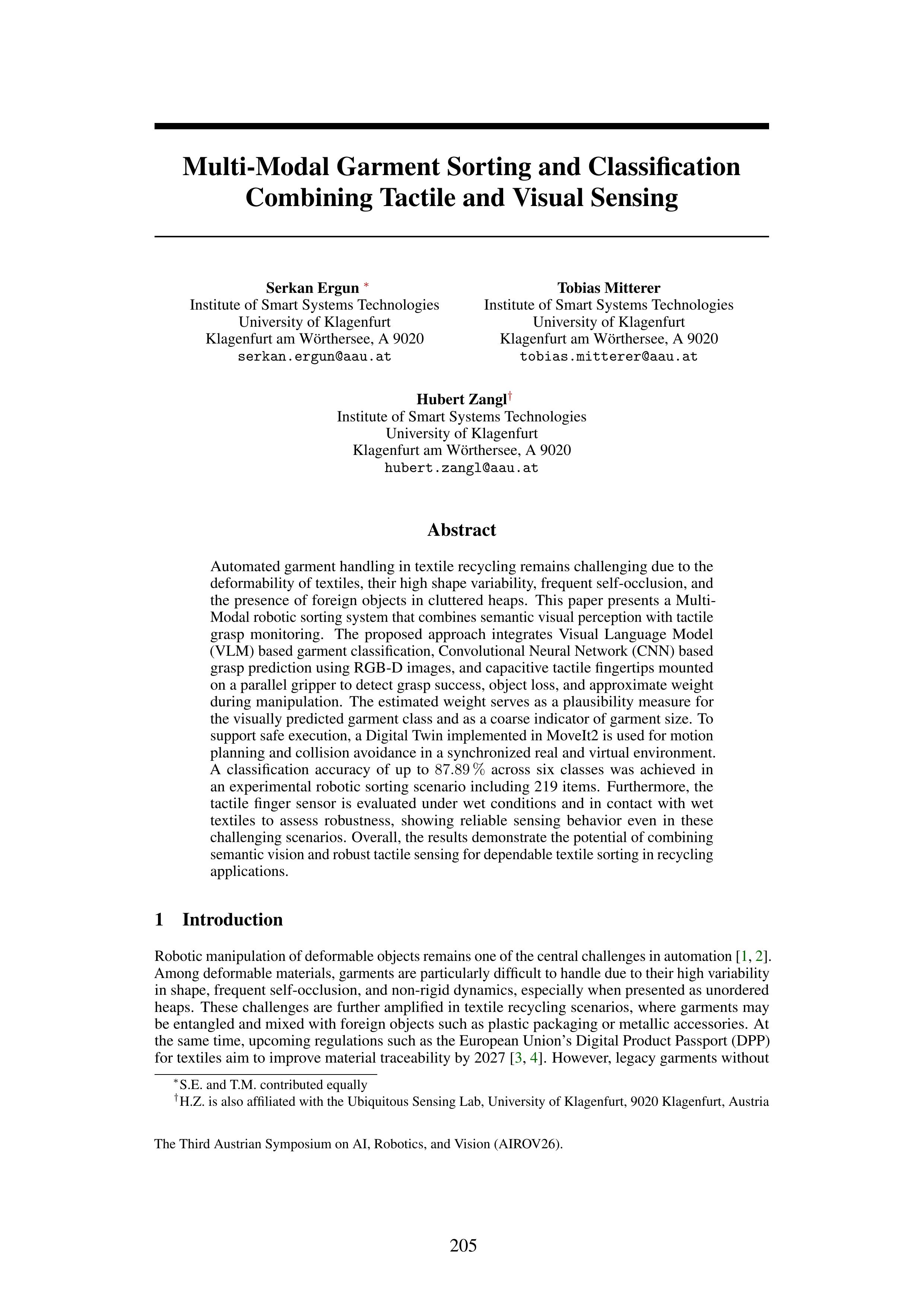 Multi-Modal Garment Sorting and Classification Combining Tactile and Visual Sensing