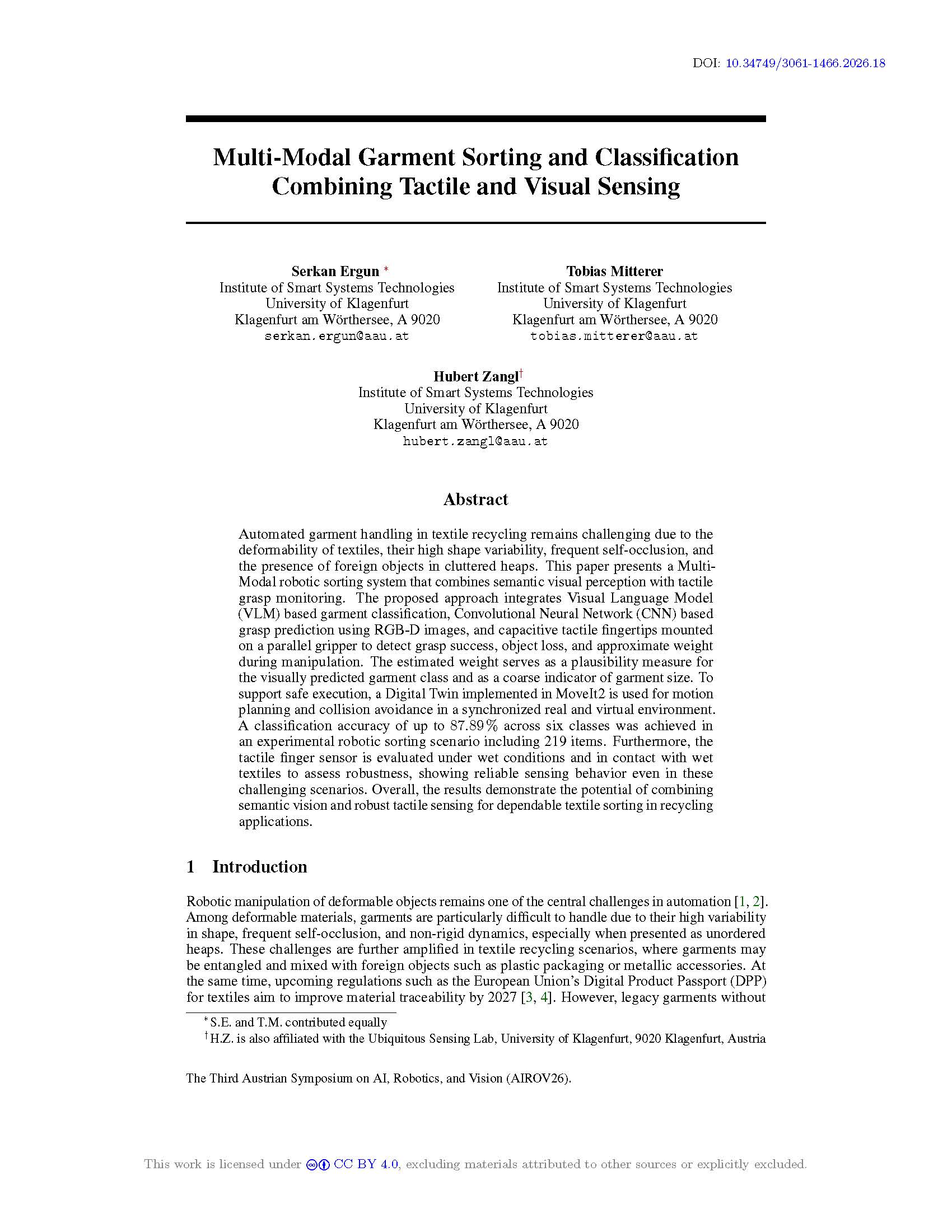 Multi-Modal Garment Sorting and Classification Combining Tactile and Visual Sensing