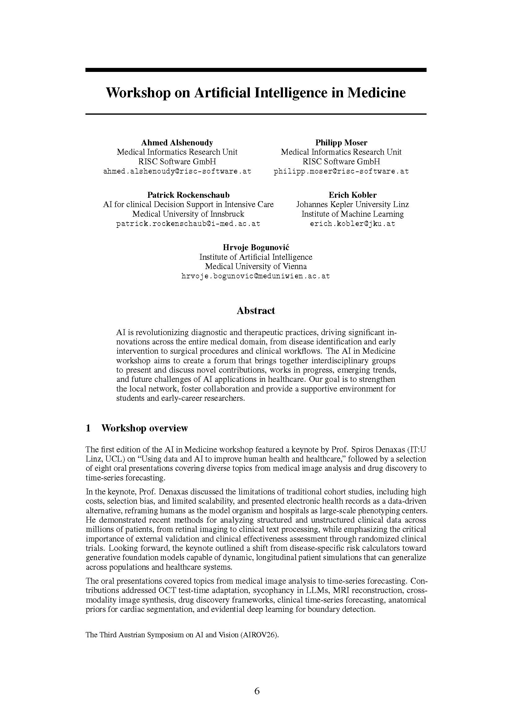 Workshop on Artificial Intelligence in Medicine
