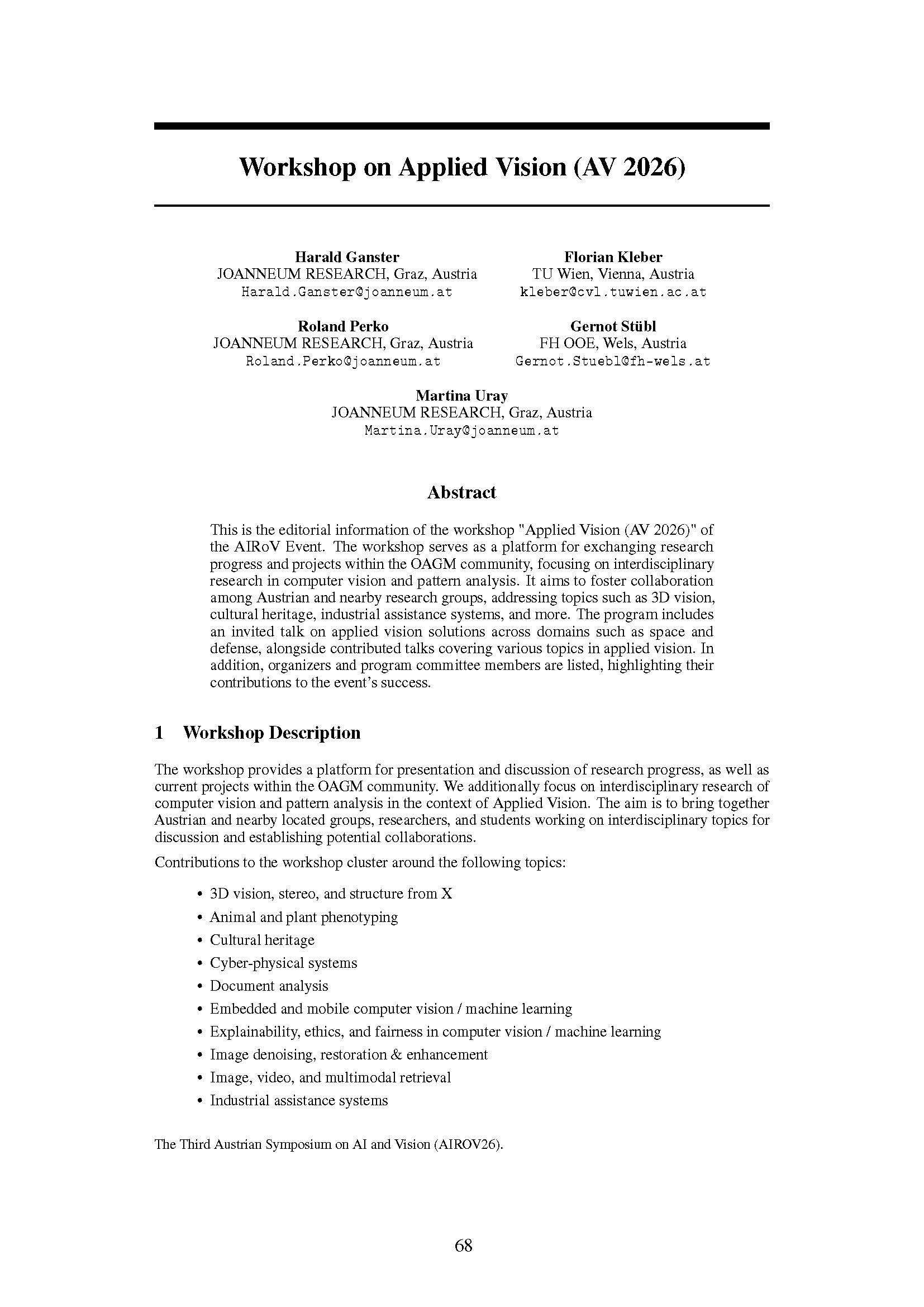 Workshop on Applied Vision (AV 2026)