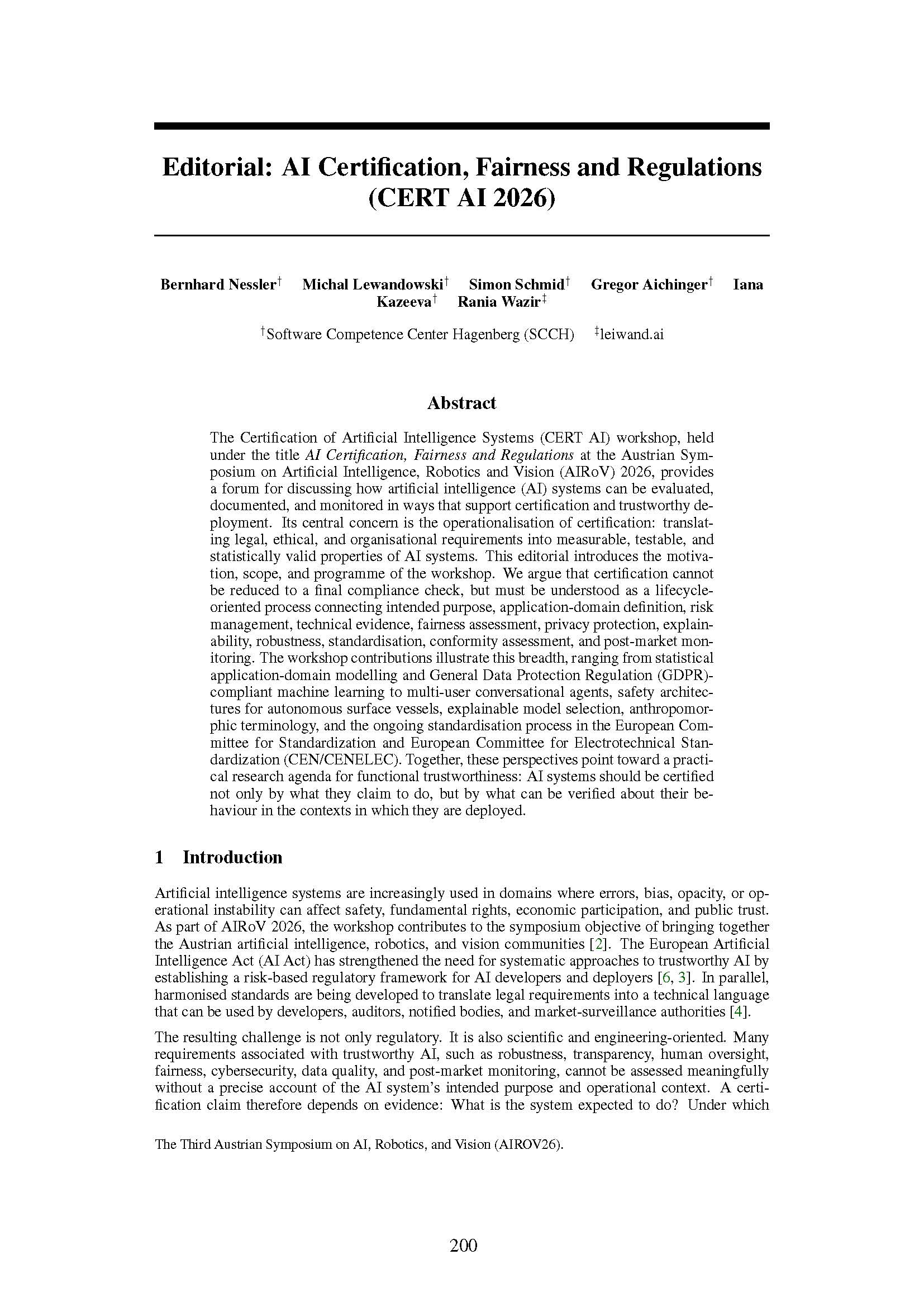 Editorial: AI Certification, Fairness and Regulations (CERT AI 2026)