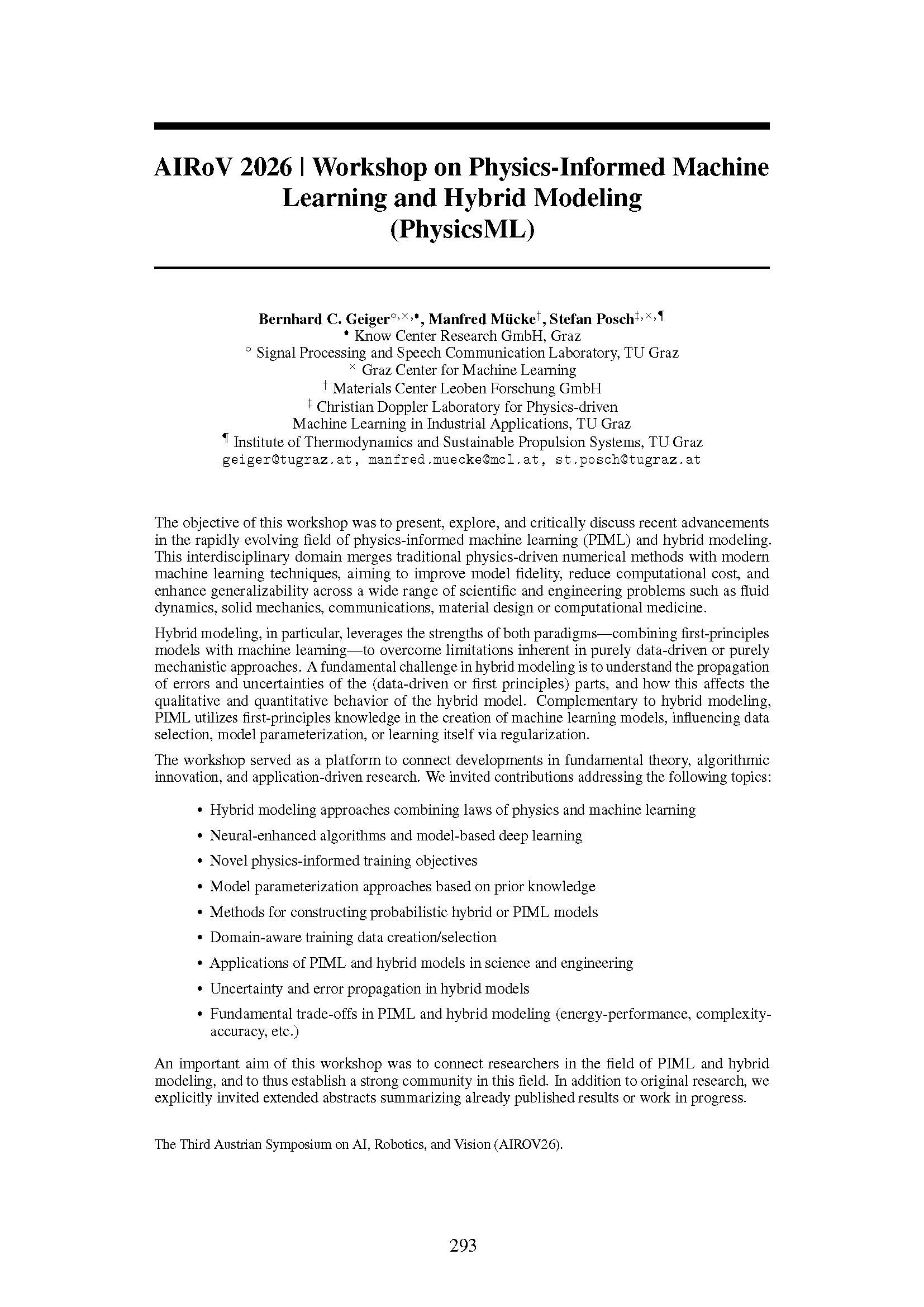 AIRoV 2026 | Workshop on Physics-Informed Machine Learning and Hybrid Modeling (PhysicsML)