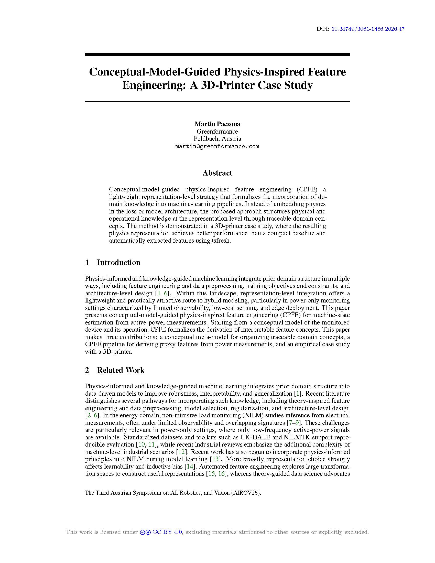 Conceptual-Model-Guided Physics-Inspired Feature Engineering: A 3D-Printer Case Study