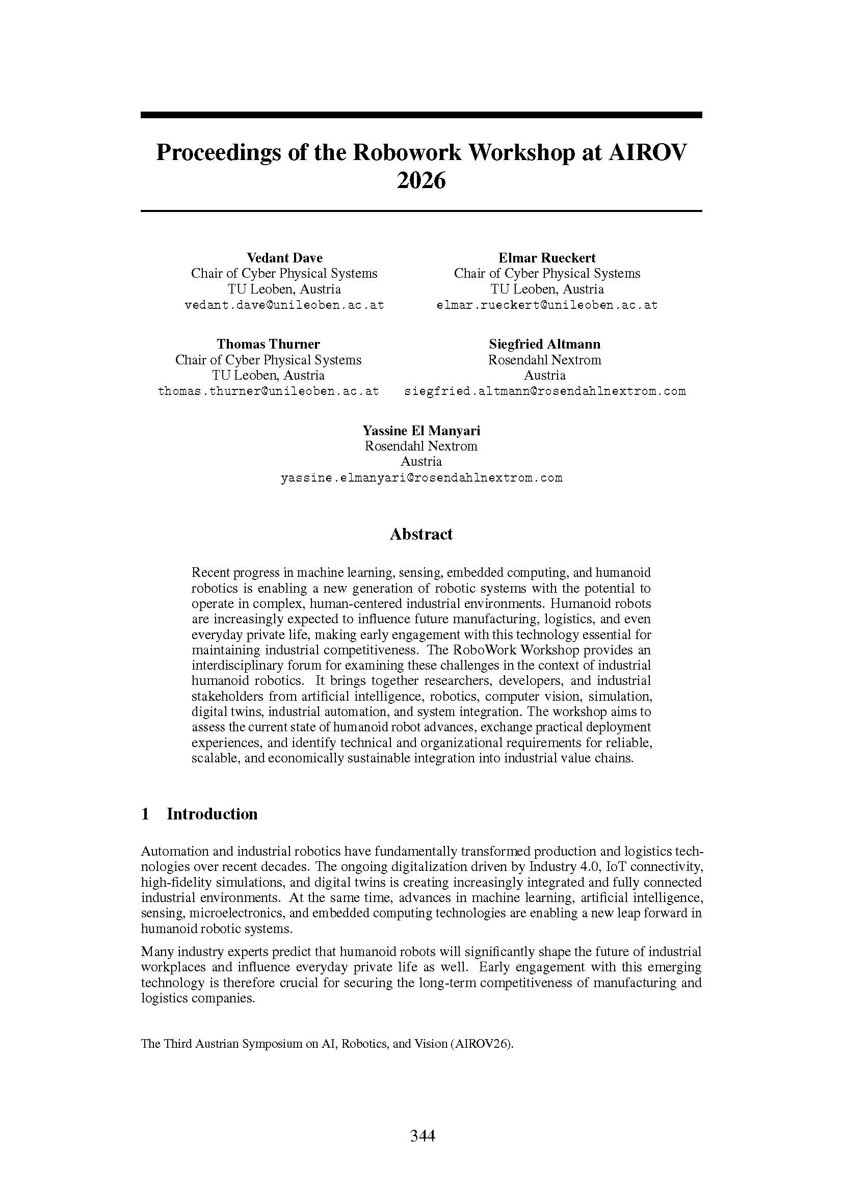 Proceedings of the Robowork Workshop at AIROV 2026