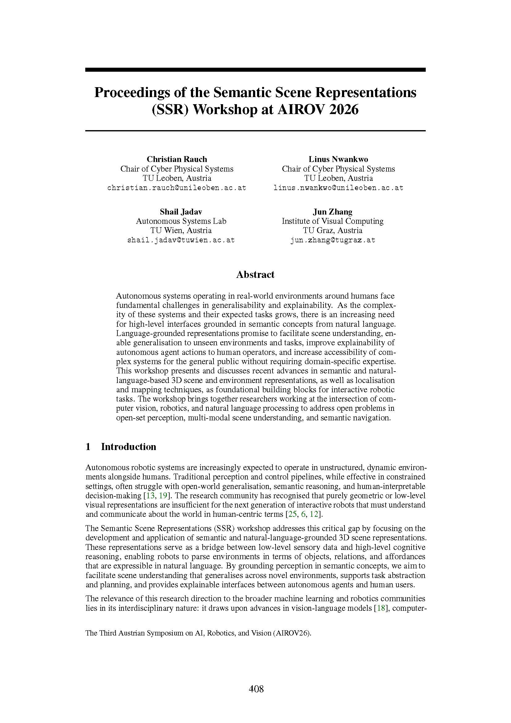 Proceedings of the Semantic Scene Representations (SSR)Workshop at AIROV 2026